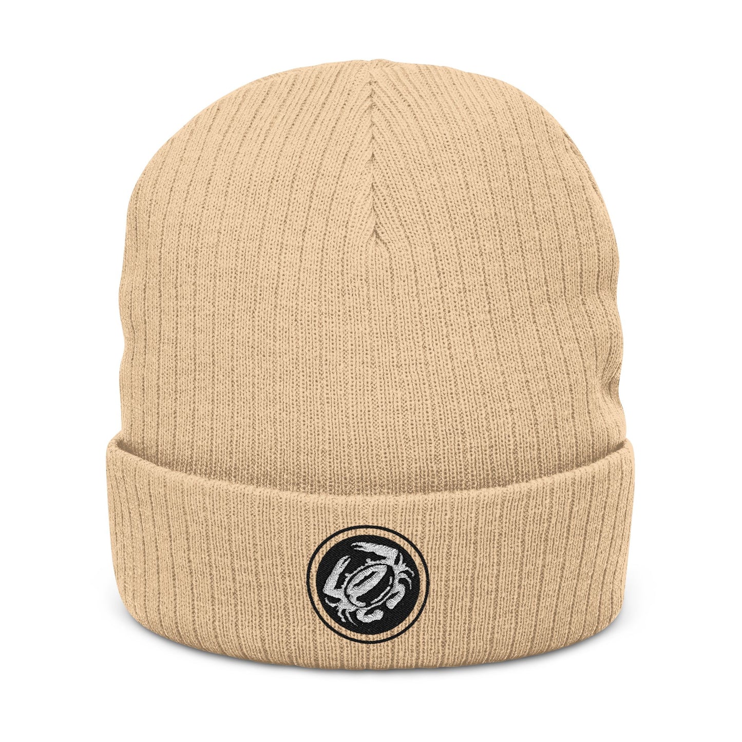 Ribbed Knit Beanie (Embroidery) Zeke's Coffee Crab Bean Logo