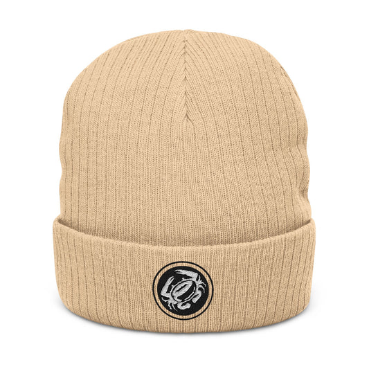 Ribbed Knit Beanie (Embroidery) Zeke's Coffee Crab Bean Logo